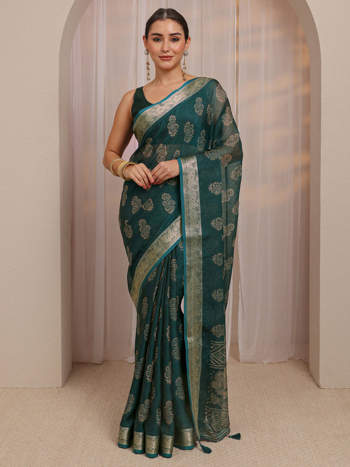 Blue Floral Print Jacquard  Silk Blend Saree 
With Unstitched Blouse Piece
