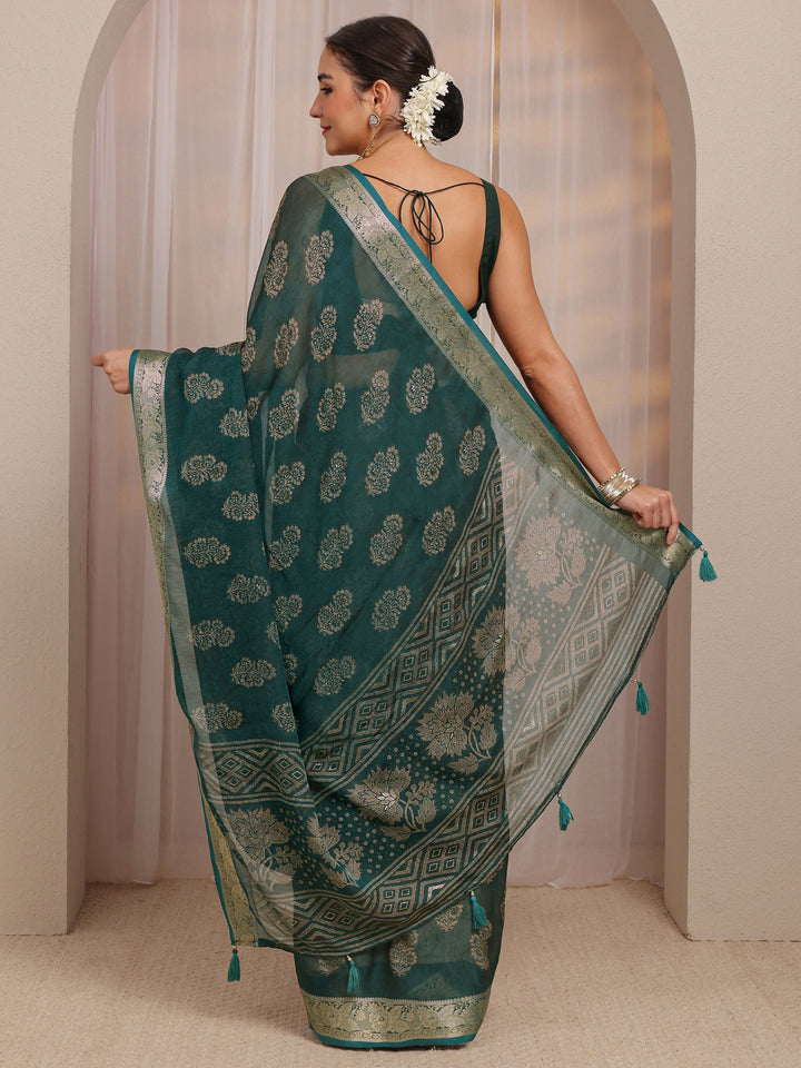 Blue Floral Print Jacquard  Silk Blend Saree 
With Unstitched Blouse Piece