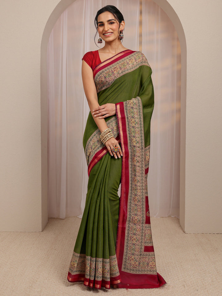 Green Solid Silk Blend Saree With Unstitched Blouse Piece