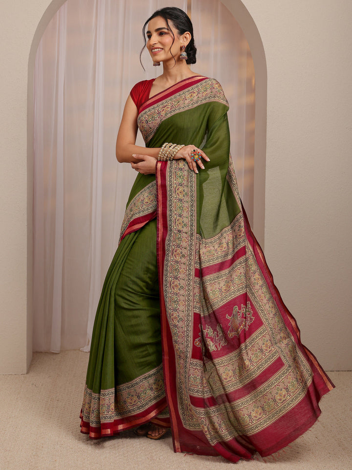 Green Solid Silk Blend Saree With Unstitched Blouse Piece