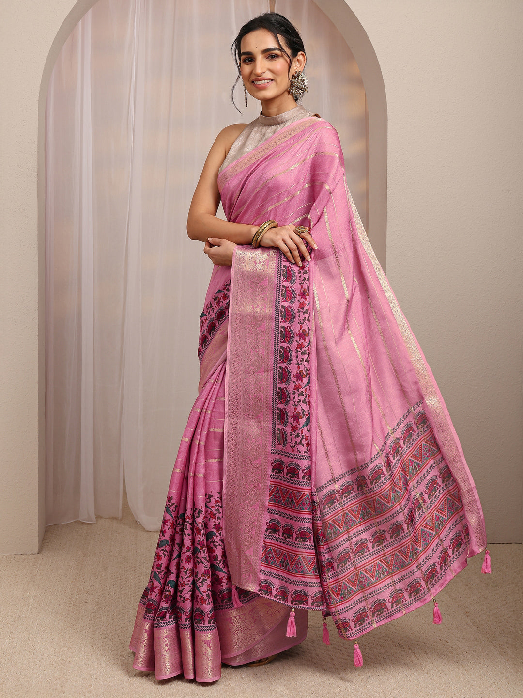 Pink Floral Woven Design Silk Blend Saree With Unstitched Blouse Piece