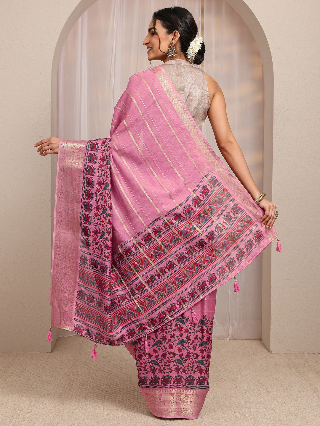 Pink Floral Woven Design Silk Blend Saree With Unstitched Blouse Piece