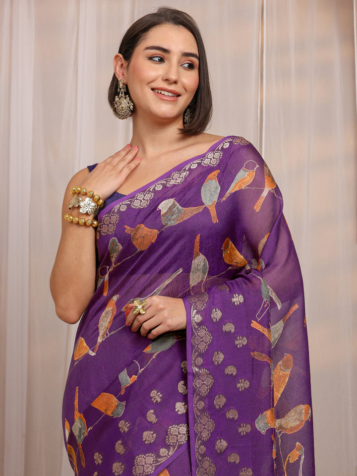 Purple Animal Printed Silk Blend Saree 
With Unstitched Blouse Piece
