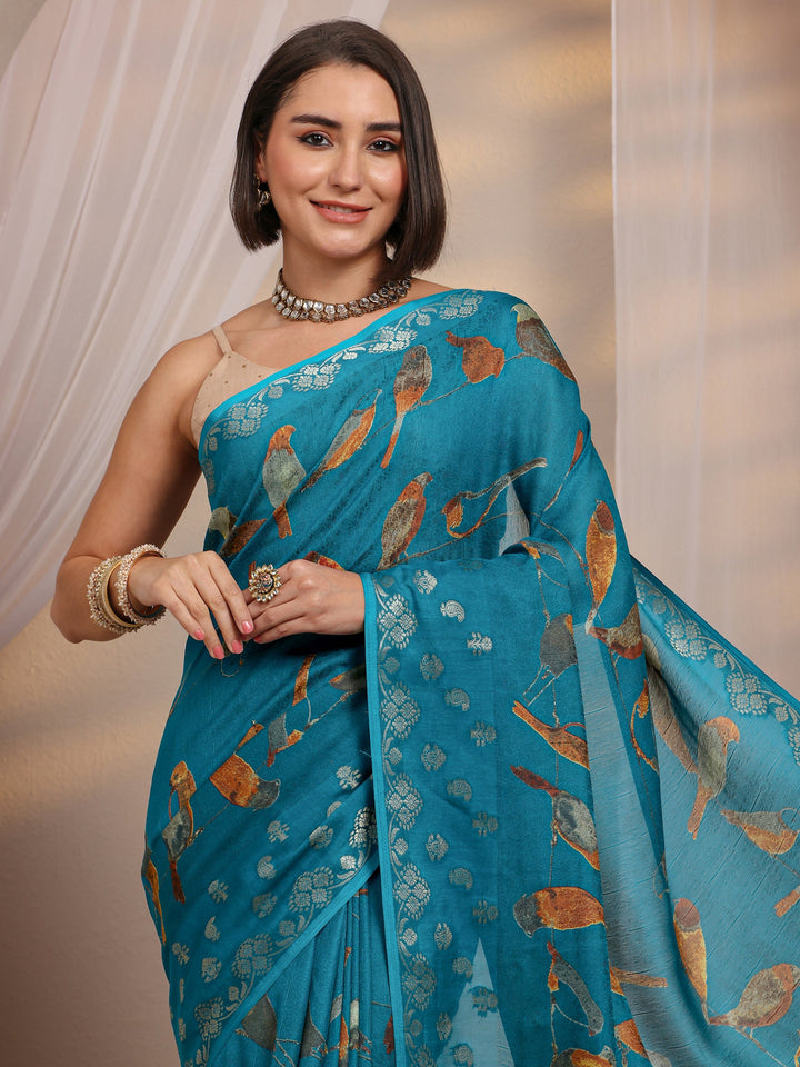 Blue Quirky Printed Silk Blend Saree 
With Unstitched Blouse Piece
