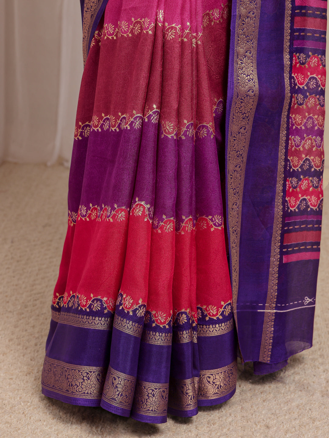 Multi Color Block Silk Blend Saree With Unstitched Blouse Piece