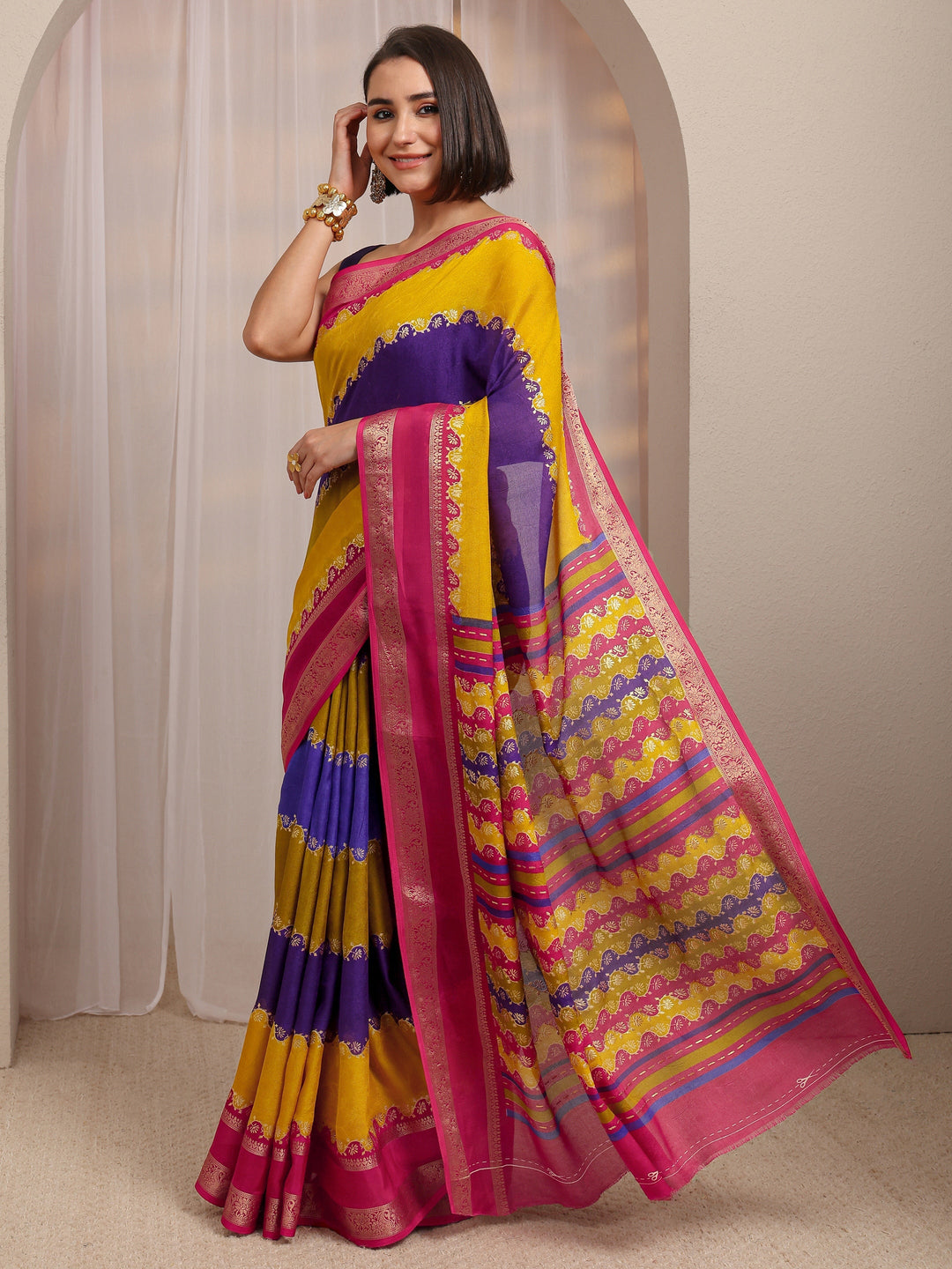 Multi Color Block Silk Blend Saree 
With Unstitched Blouse Piece