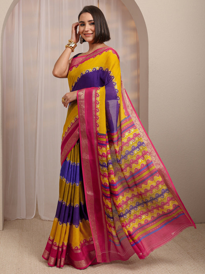 Multi Color Block Silk Blend Saree 
With Unstitched Blouse Piece
