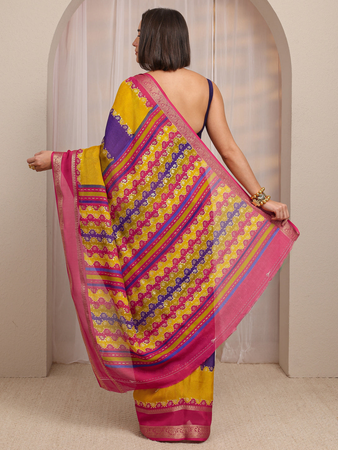Multi Color Block Silk Blend Saree 
With Unstitched Blouse Piece