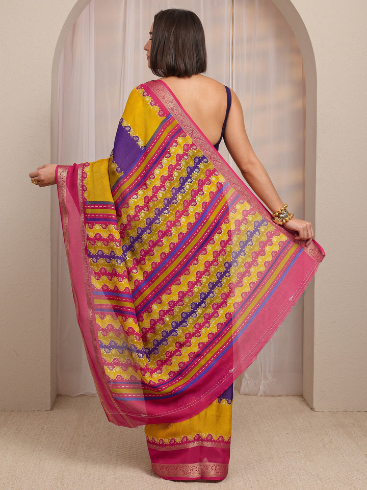 Multi Color Block Silk Blend Saree 
With Unstitched Blouse Piece