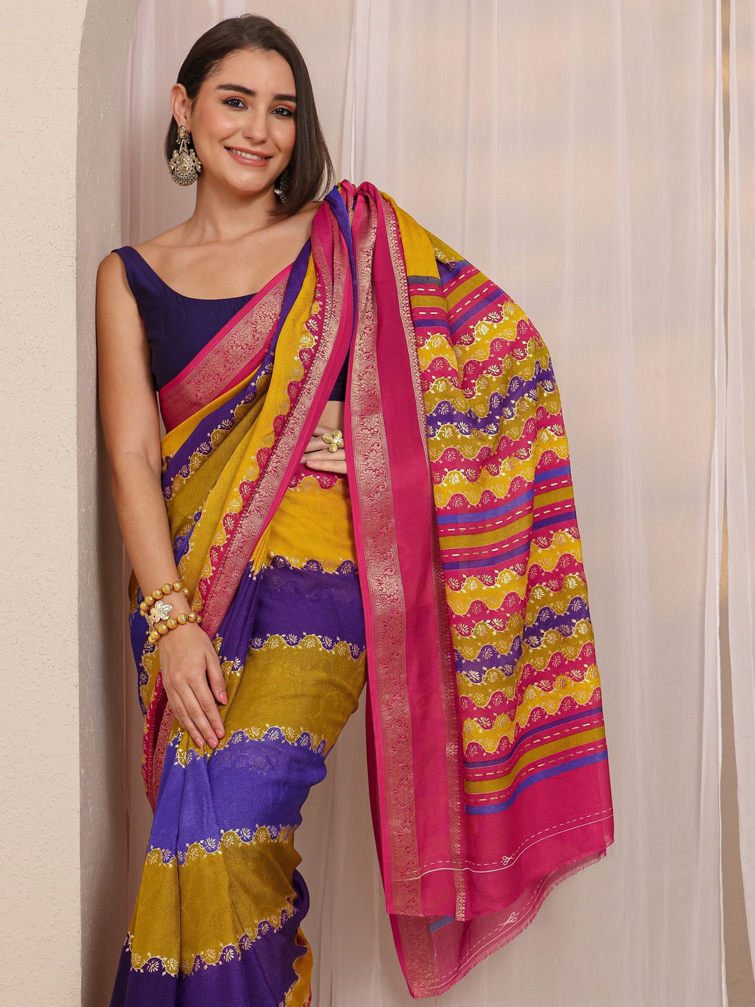 Multi Color Block Silk Blend Saree 
With Unstitched Blouse Piece