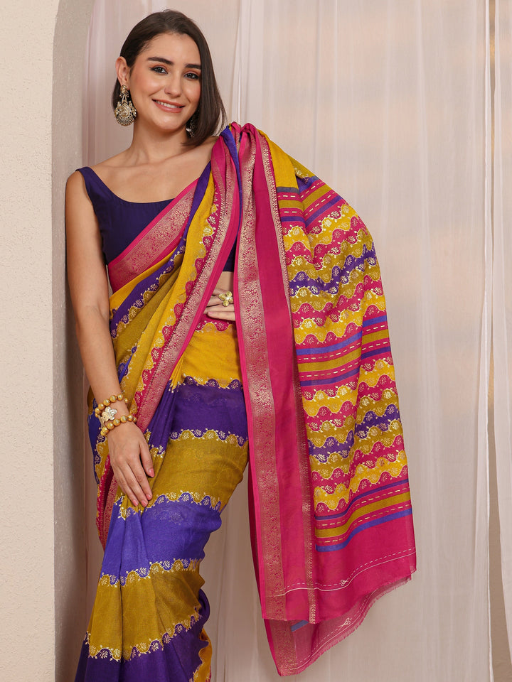 Multi Color Block Silk Blend Saree 
With Unstitched Blouse Piece