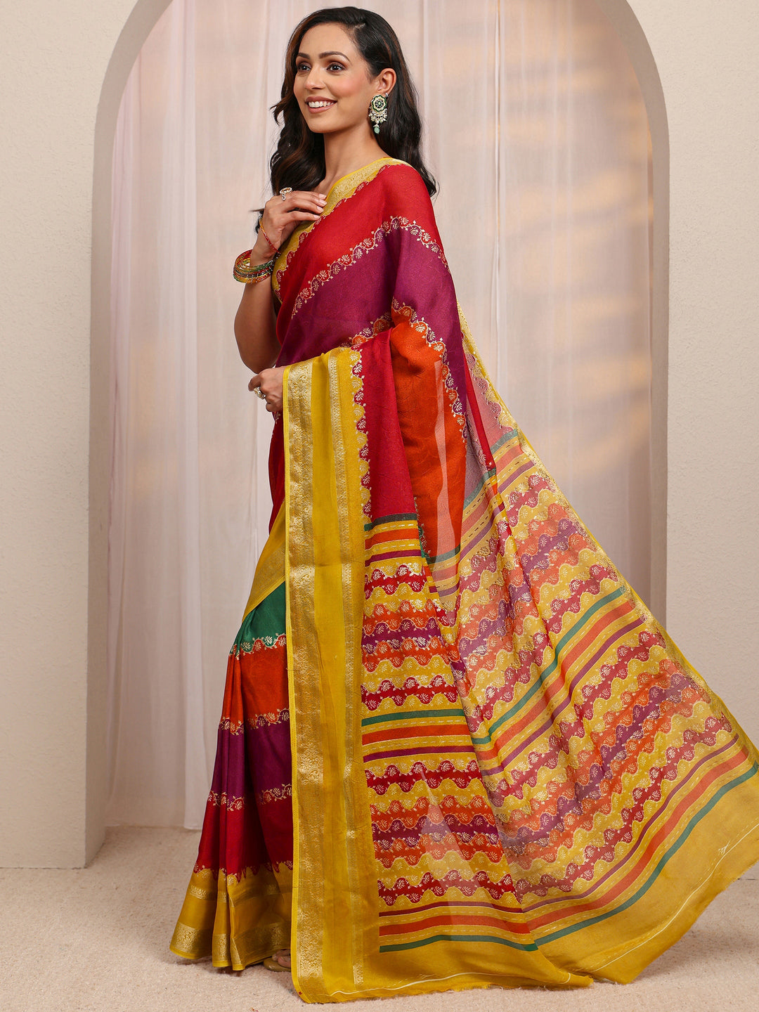 Multi Color Block Silk Blend Saree 
With Unstitched Blouse Piece