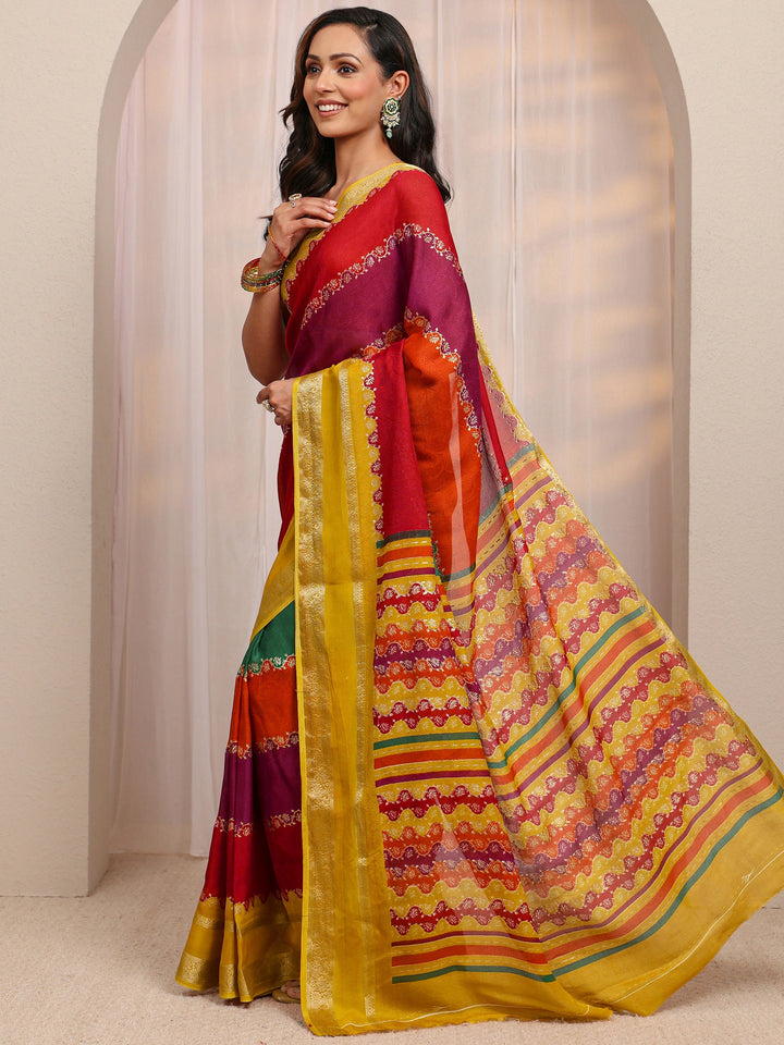 Multi Color Block Silk Blend Saree 
With Unstitched Blouse Piece