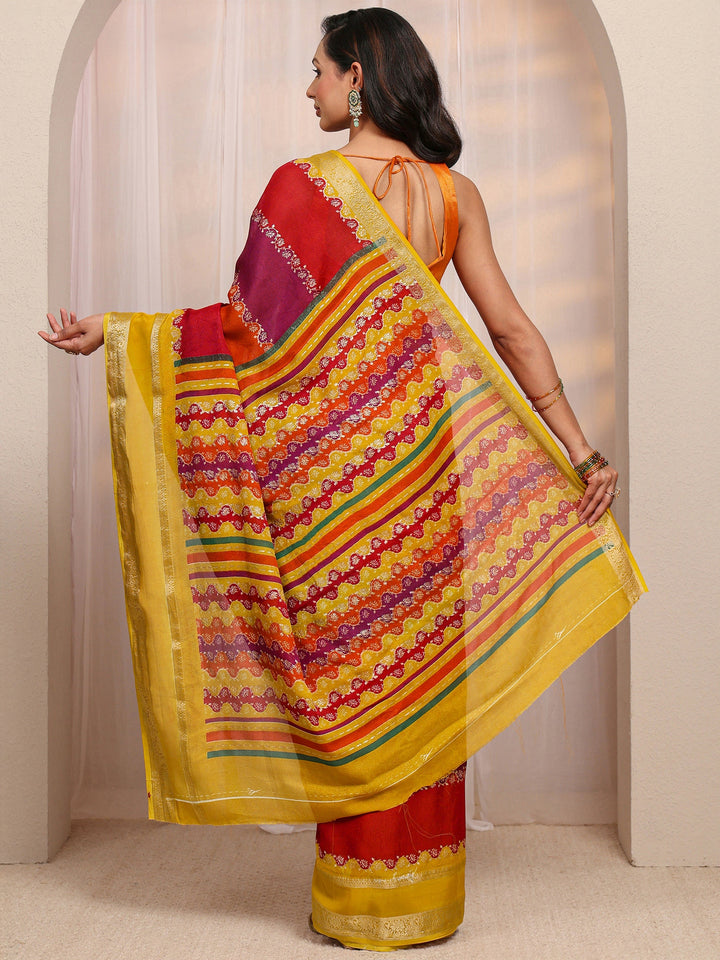 Multi Color Block Silk Blend Saree 
With Unstitched Blouse Piece