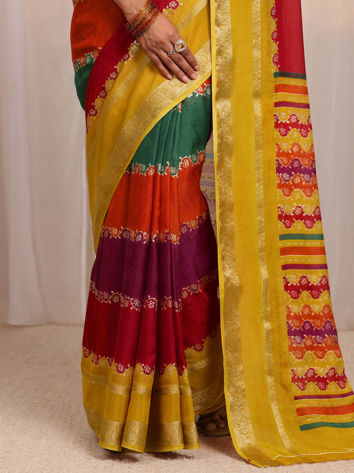 Multi Color Block Silk Blend Saree 
With Unstitched Blouse Piece