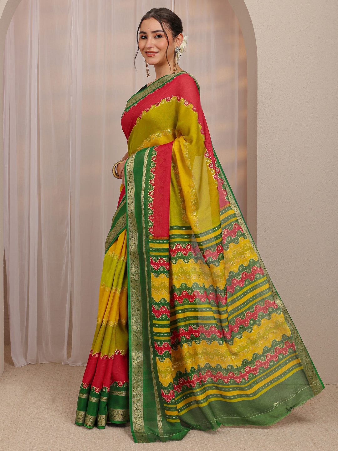 Multi Color Block Silk Blend Saree 
With Unstitched Blouse Piece