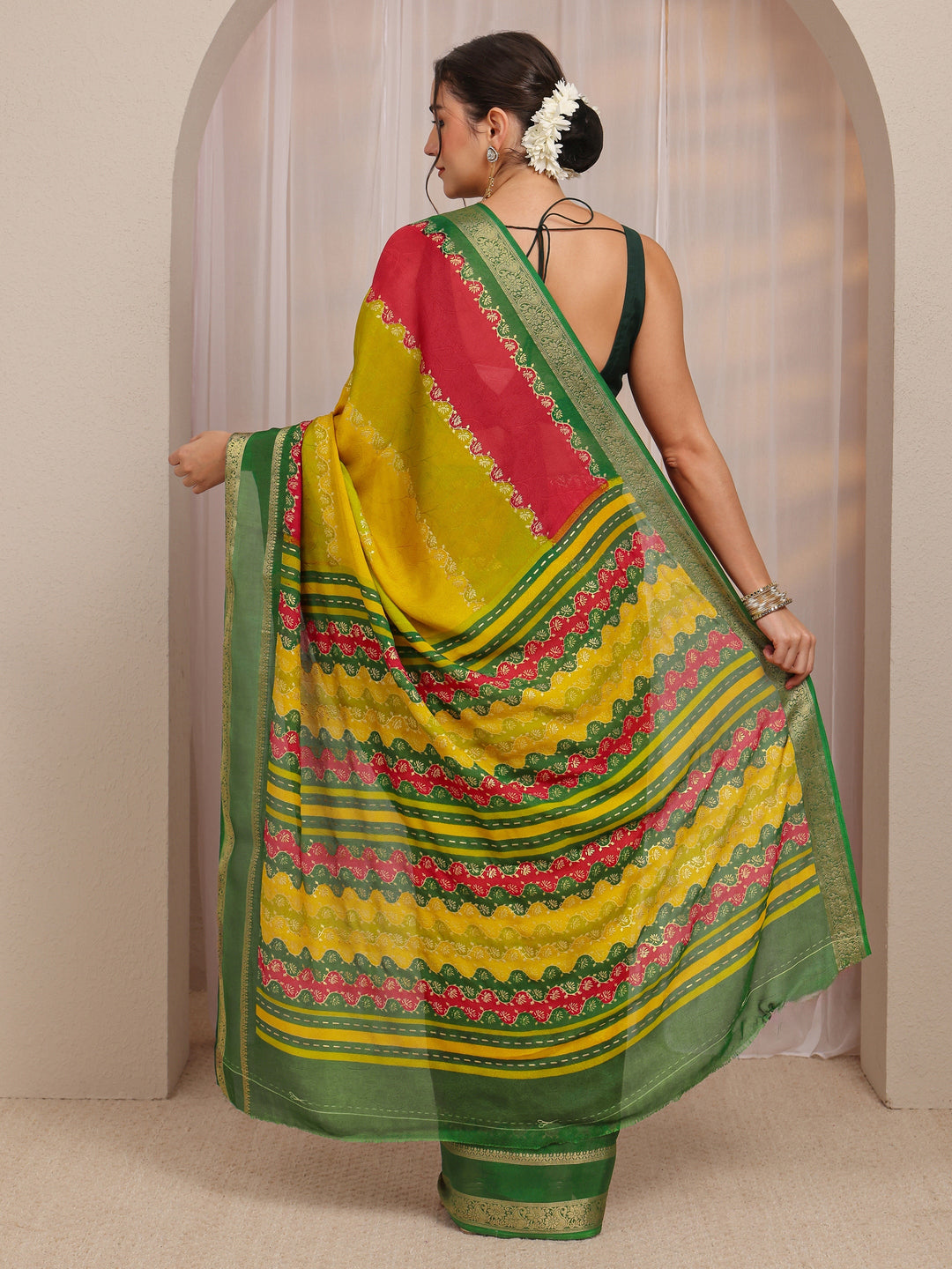 Multi Color Block Silk Blend Saree 
With Unstitched Blouse Piece