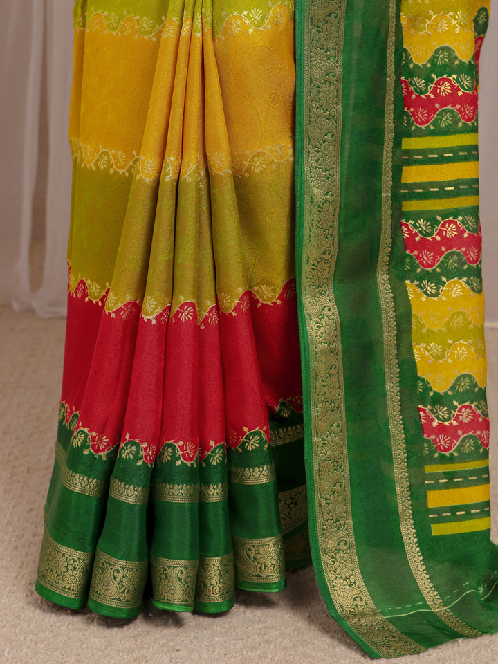 Multi Color Block Silk Blend Saree 
With Unstitched Blouse Piece