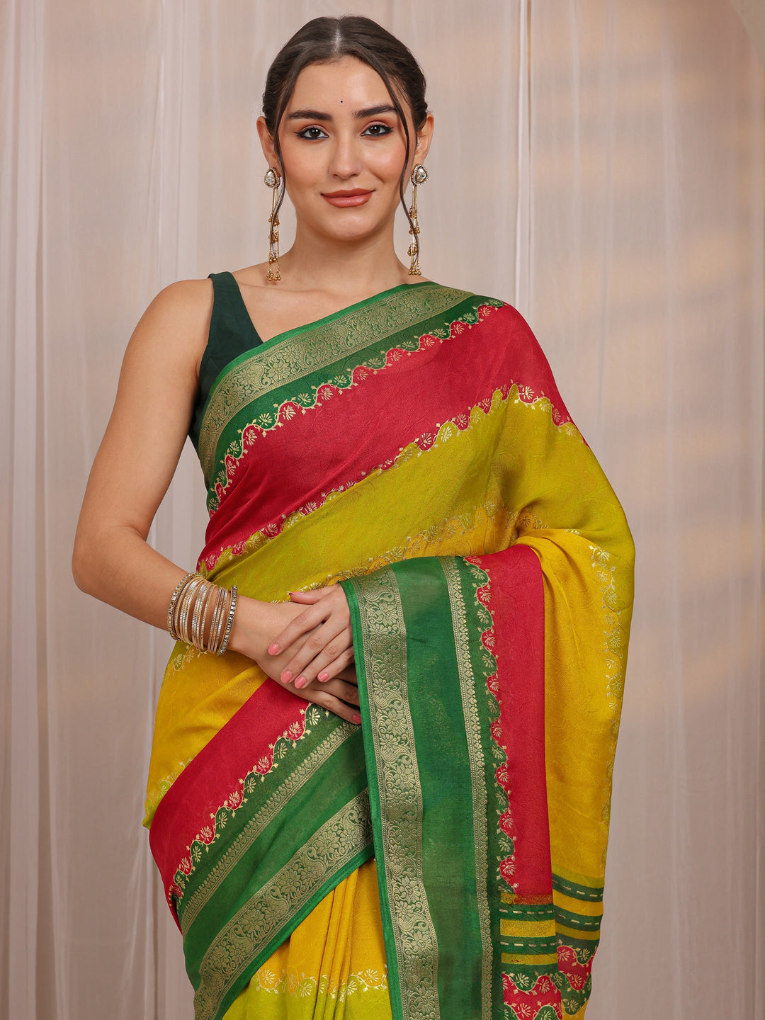 Multi Color Block Silk Blend Saree 
With Unstitched Blouse Piece