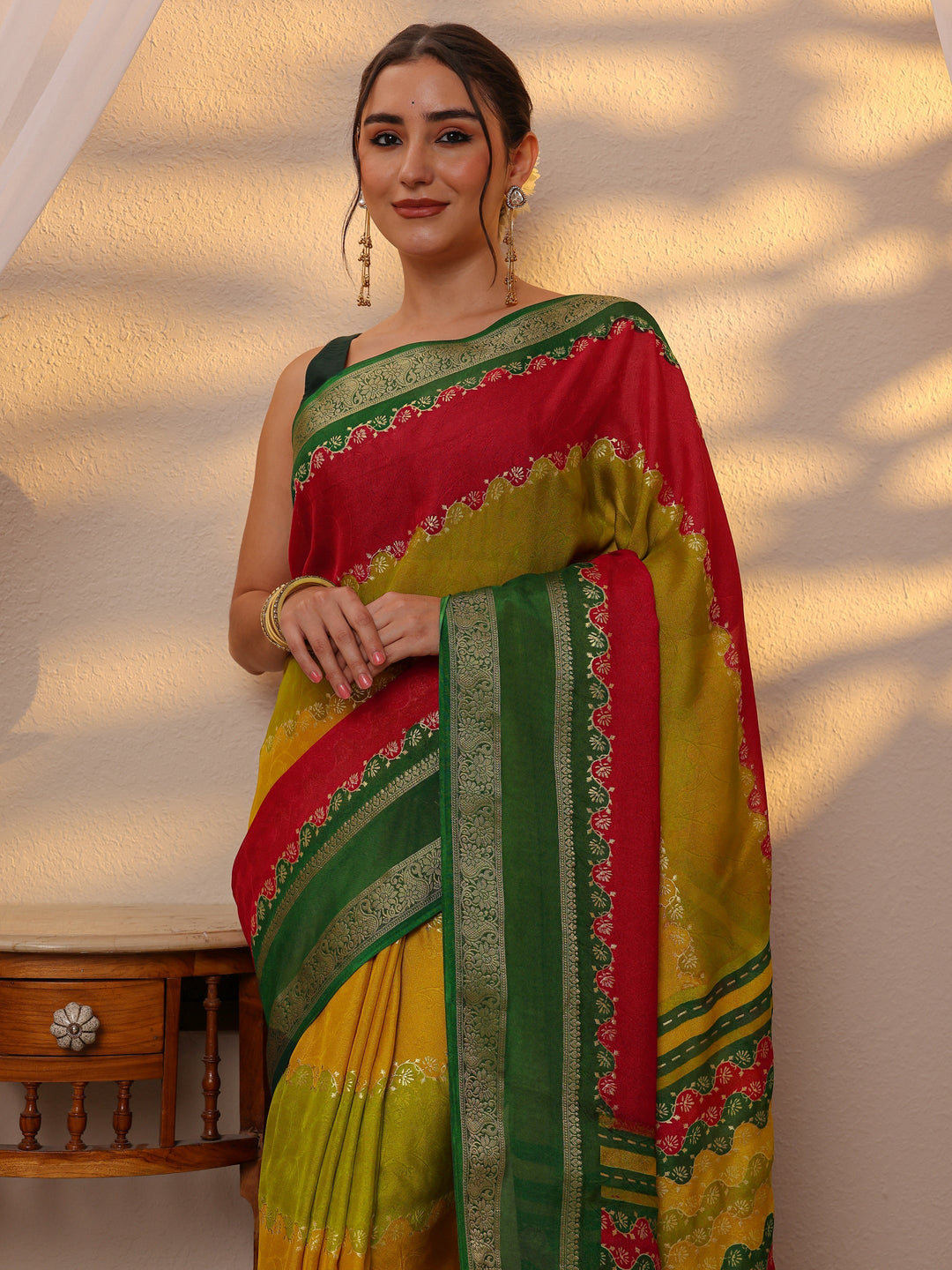 Multi Color Block Silk Blend Saree 
With Unstitched Blouse Piece