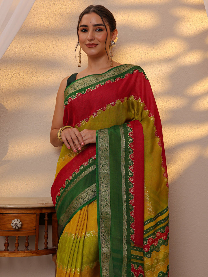 Multi Color Block Silk Blend Saree 
With Unstitched Blouse Piece