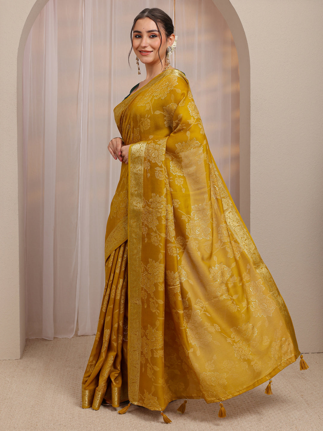 Mustard Floral Woven Design Silk Blend Saree With Unstitched Blouse Piece