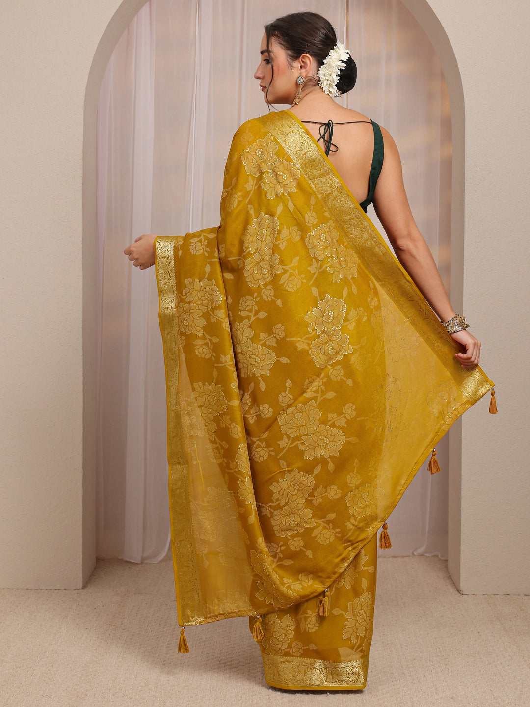 Mustard Floral Woven Design Silk Blend Saree With Unstitched Blouse Piece