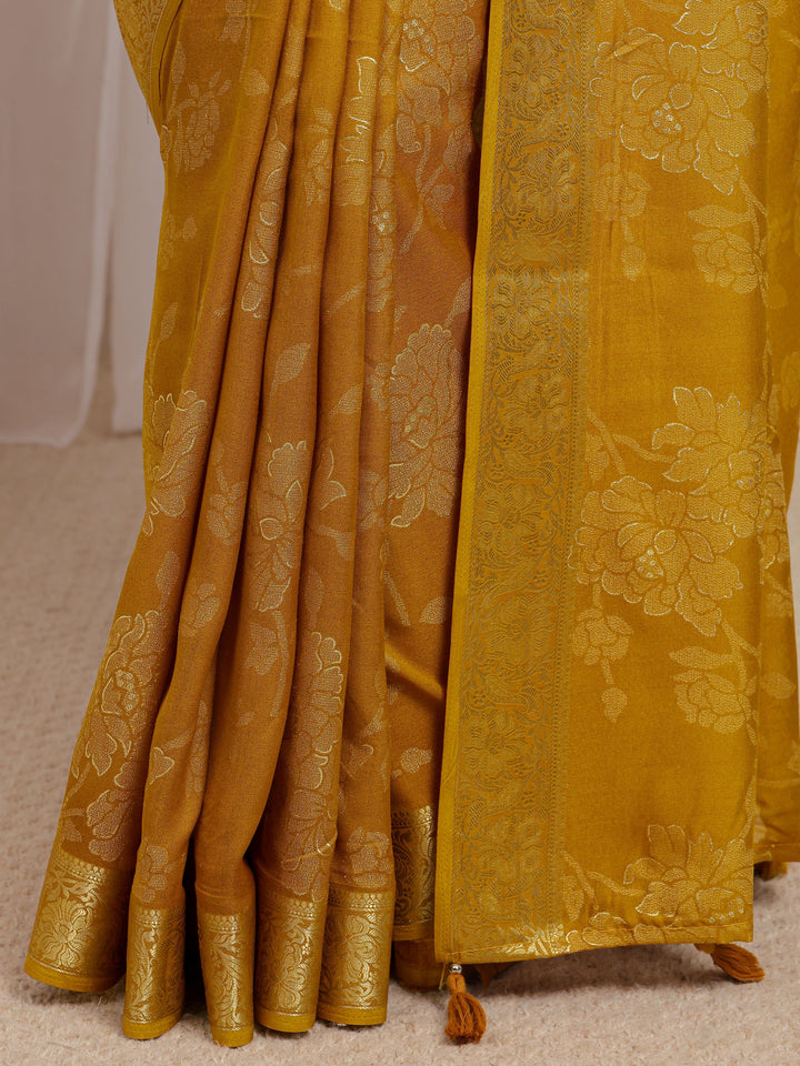 Mustard Floral Woven Design Silk Blend Saree With Unstitched Blouse Piece