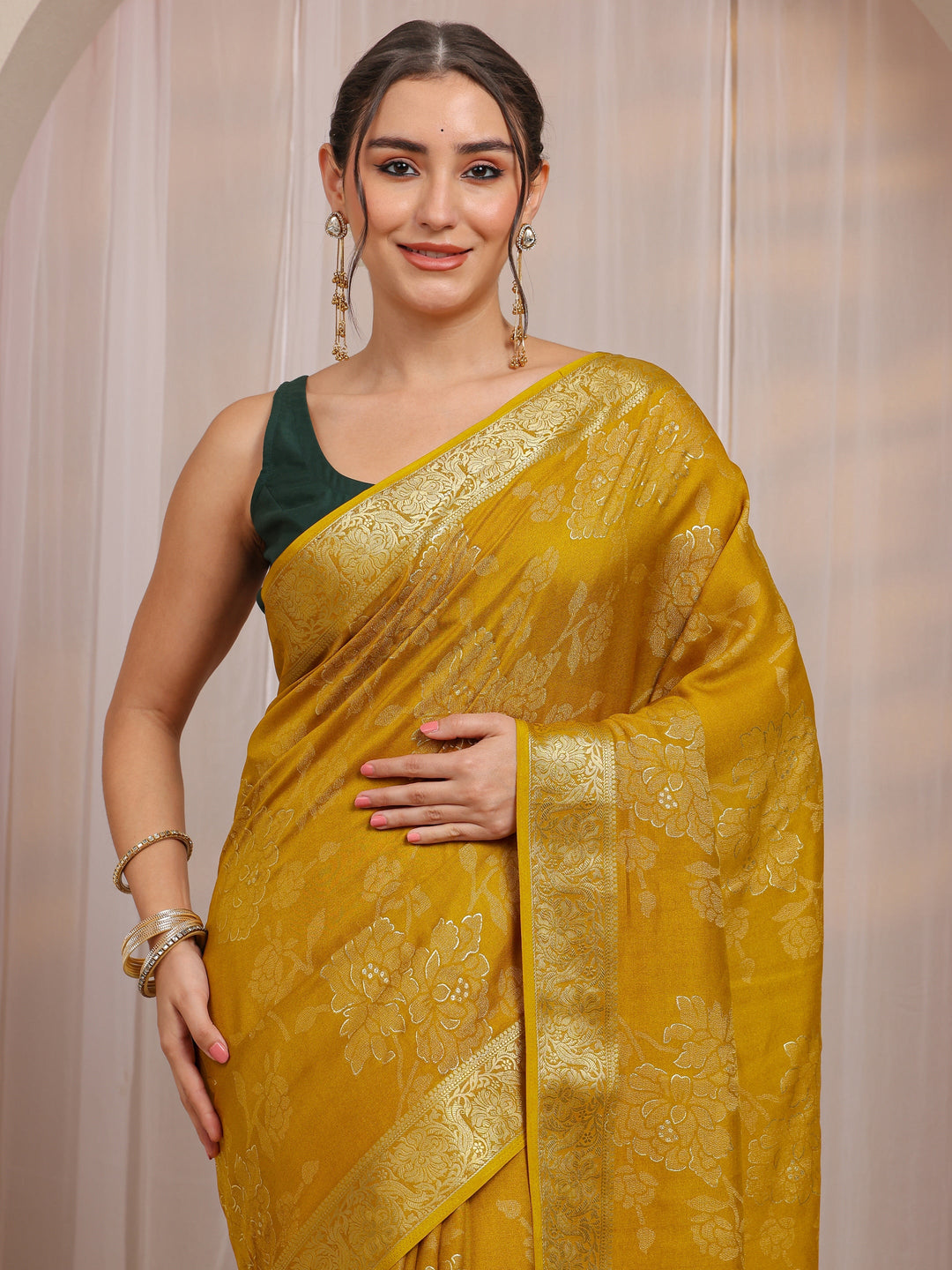 Mustard Floral Woven Design Silk Blend Saree With Unstitched Blouse Piece