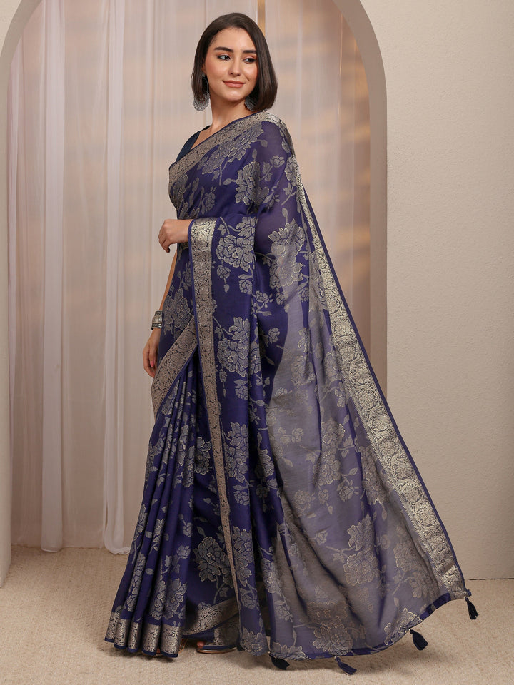 Navy Blue Floral Woven Design Silk Blend Saree With Unstitched Blouse Piece