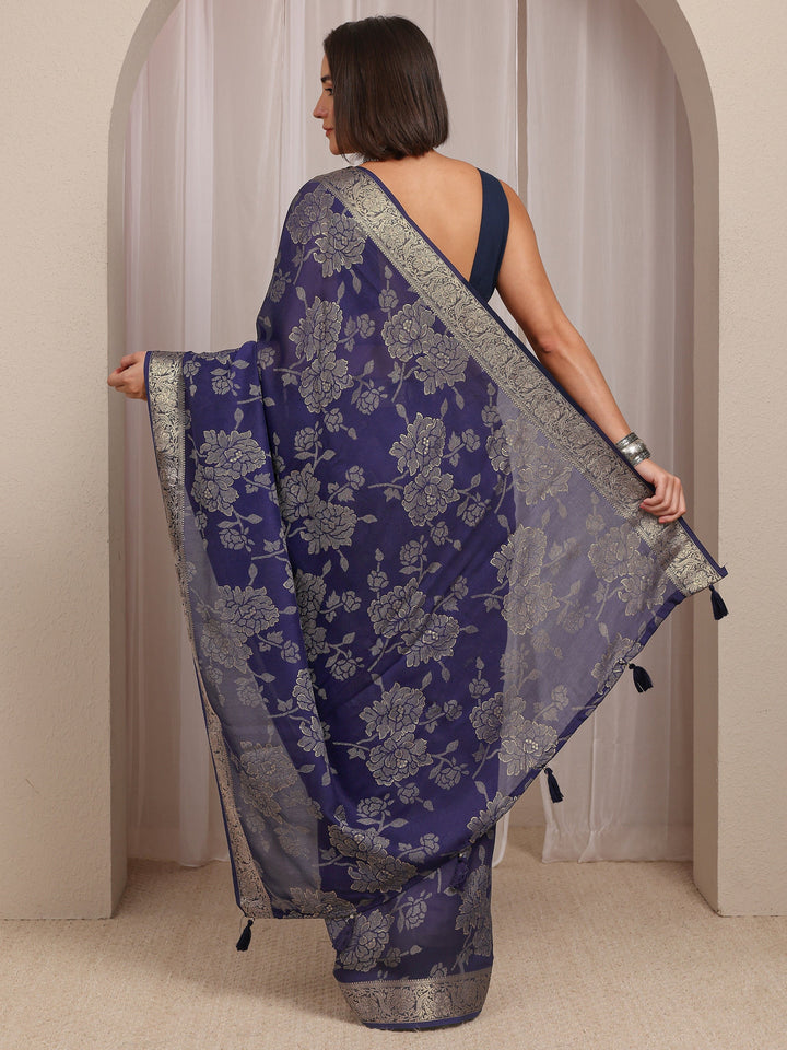 Navy Blue Floral Woven Design Silk Blend Saree With Unstitched Blouse Piece