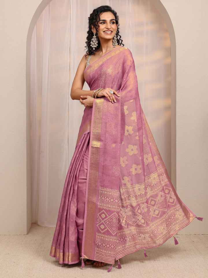 Mauve Floral Woven Design Silk Blend Saree 
With Unstitched Blouse Piece