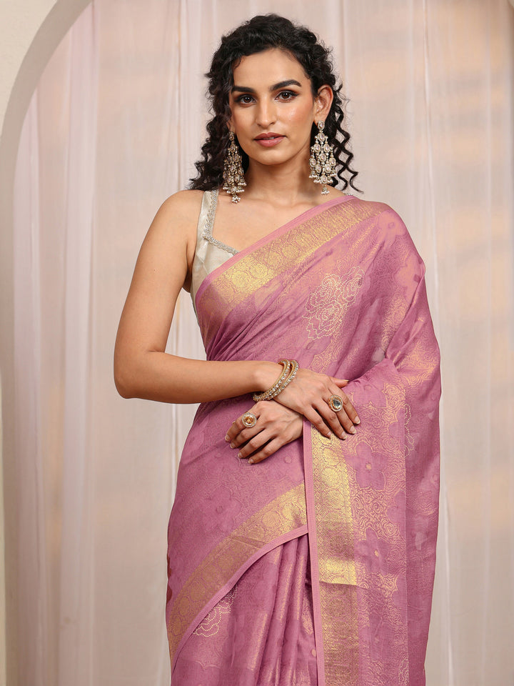Mauve Floral Woven Design Silk Blend Saree 
With Unstitched Blouse Piece