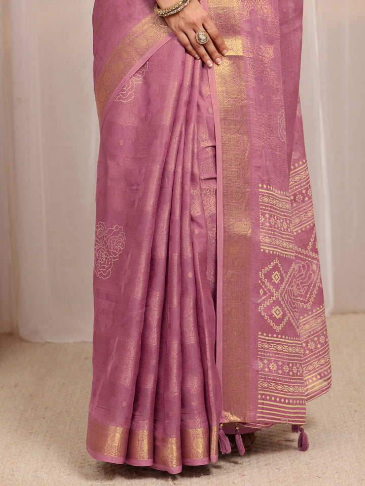 Mauve Floral Woven Design Silk Blend Saree 
With Unstitched Blouse Piece