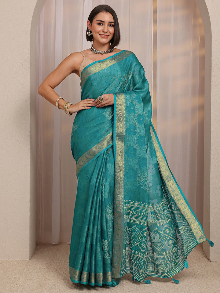 Blue Floral Woven Design Jaacquard Silk Blend Saree With Unstitched Blouse Piece