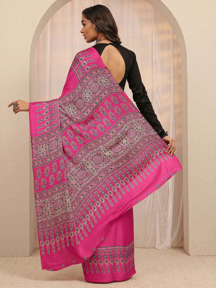 Pink Ajrakh Printed Silk Blend Saree 
With Unstitched Blouse Piece