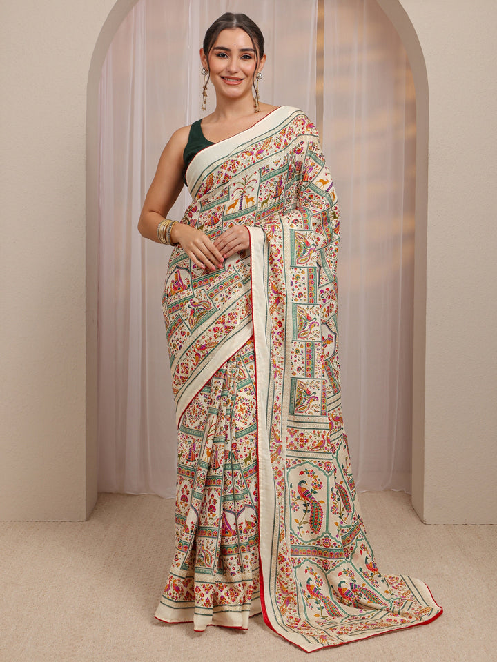 Ivory Ethnic Motifs Printed Silk Blend Saree
With Unstitched Blouse Piece
