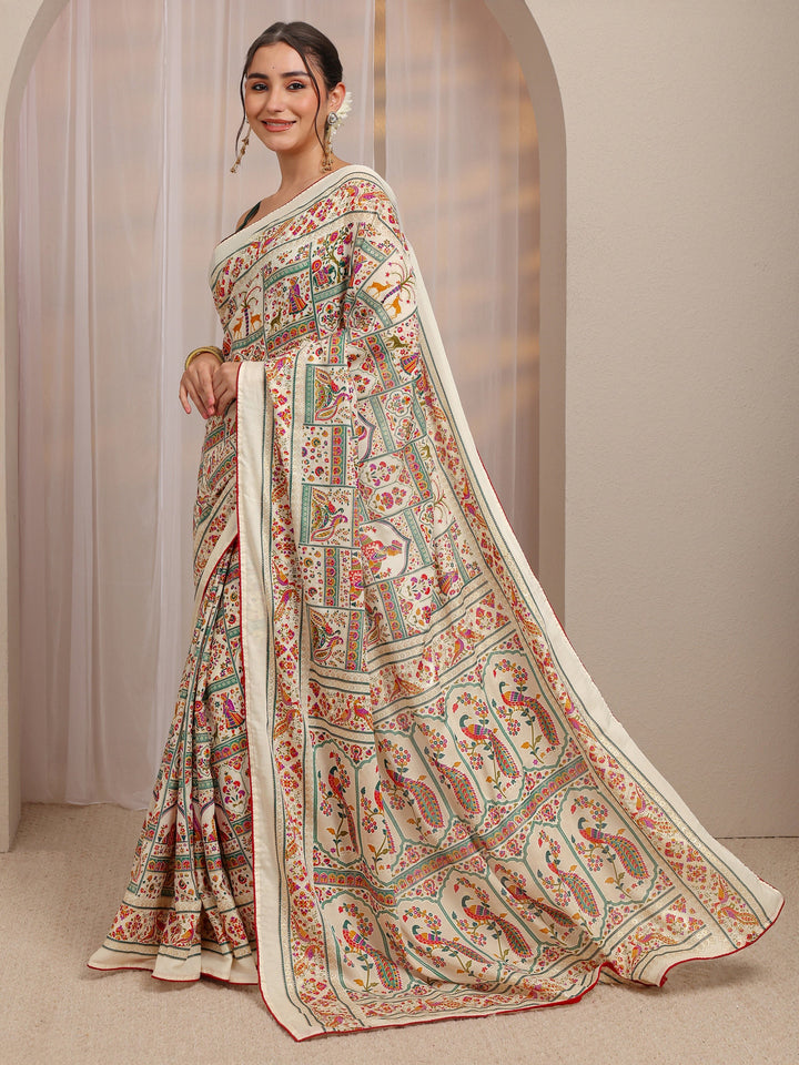 Ivory Ethnic Motifs Printed Silk Blend Saree
With Unstitched Blouse Piece