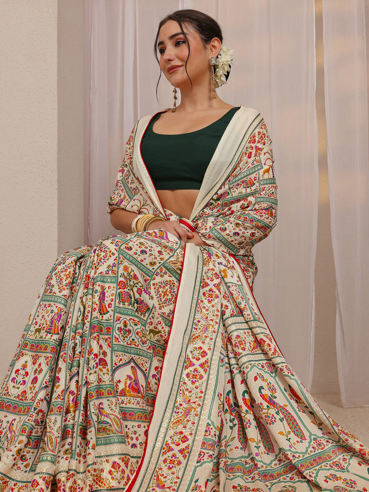 Ivory Ethnic Motifs Printed Silk Blend Saree
With Unstitched Blouse Piece