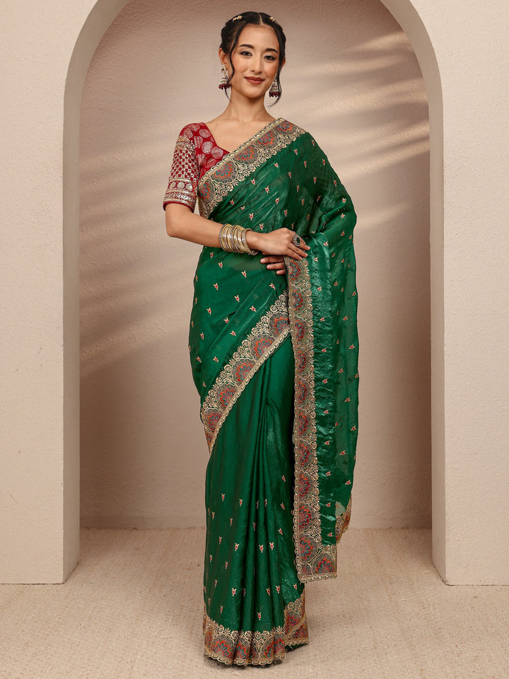 Green Ethnic Motif  Embroidered Silk Blend Saree With Unstitched Blouse Piece