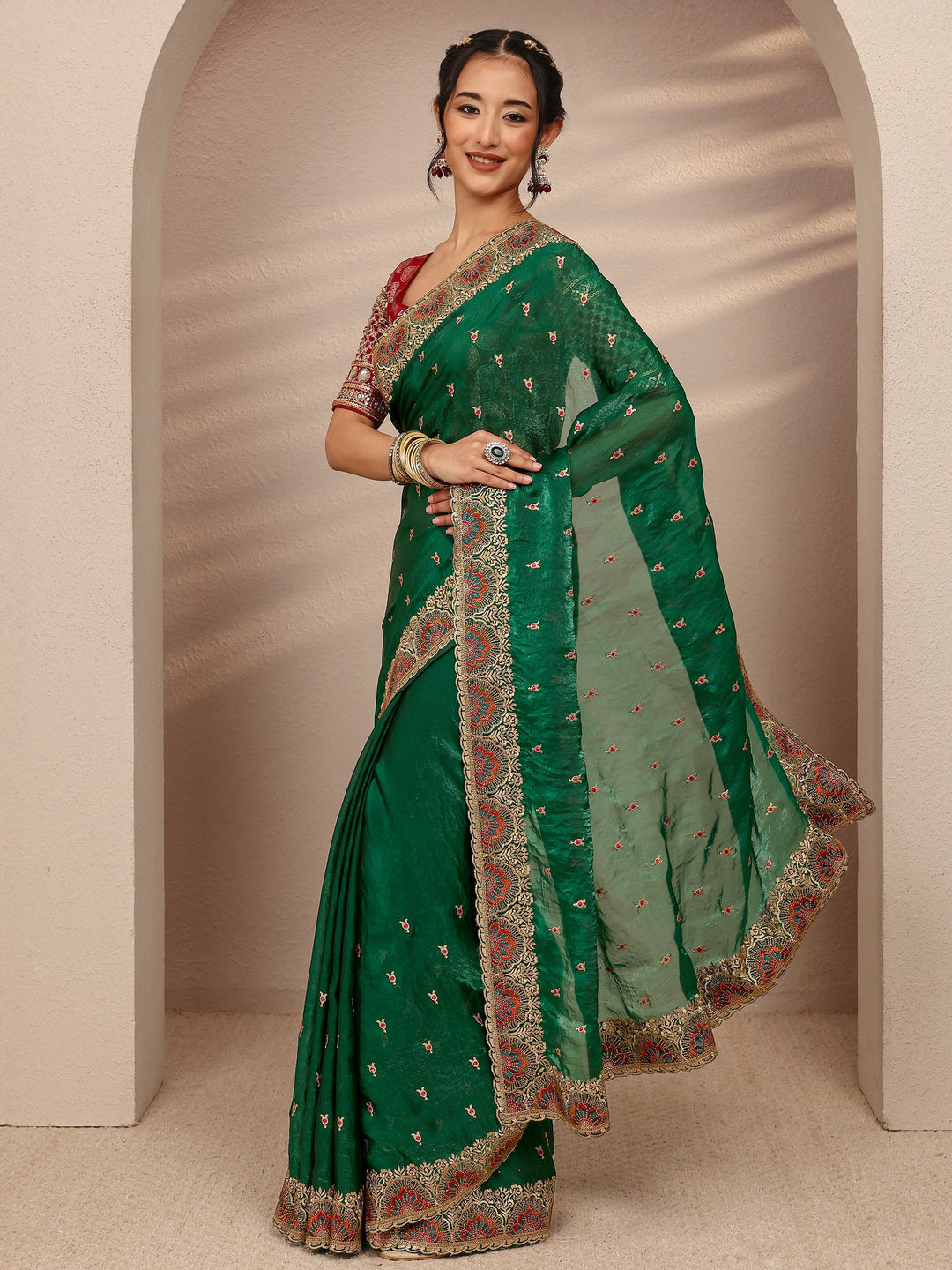 Green Ethnic Motif  Embroidered Silk Blend Saree With Unstitched Blouse Piece