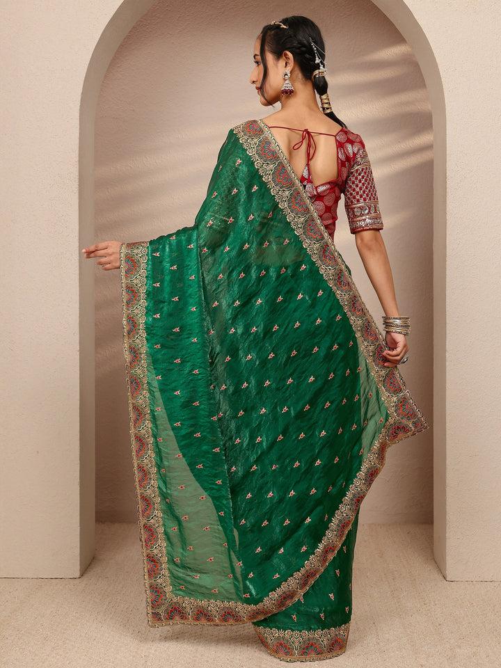 Green Ethnic Motif  Embroidered Silk Blend Saree With Unstitched Blouse Piece