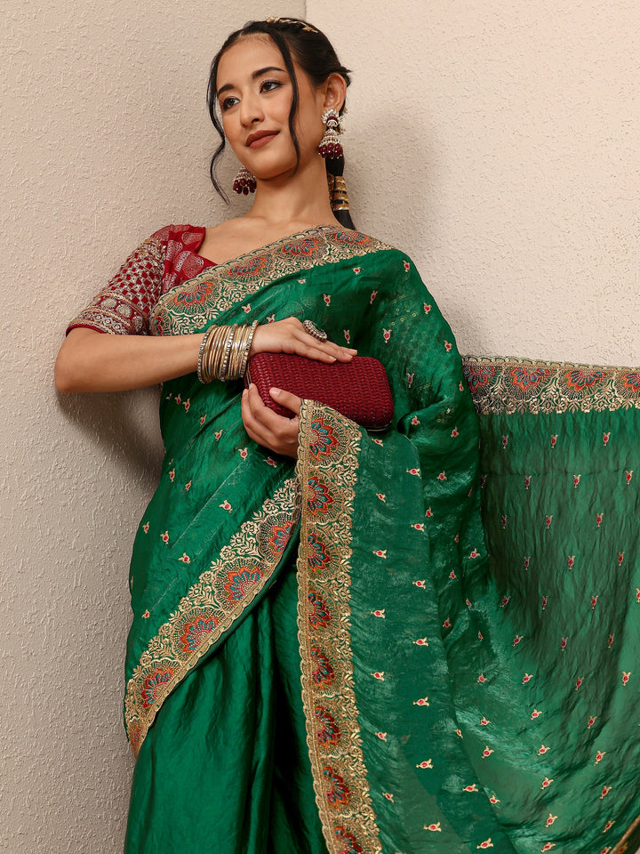 Green Ethnic Motif  Embroidered Silk Blend Saree With Unstitched Blouse Piece