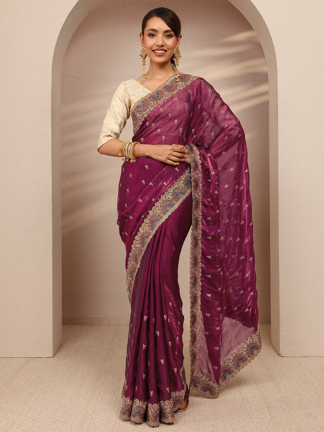 Burgundy Embroidered Silk Blend Saree 
With Unstitched Blouse Piece