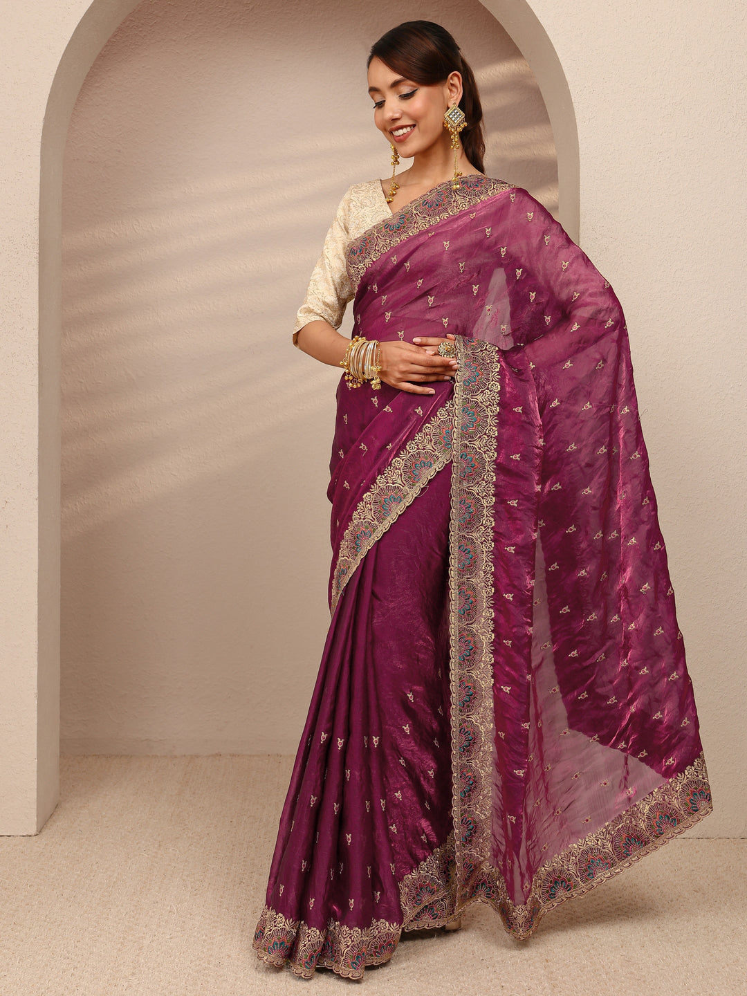 Burgundy Embroidered Silk Blend Saree 
With Unstitched Blouse Piece