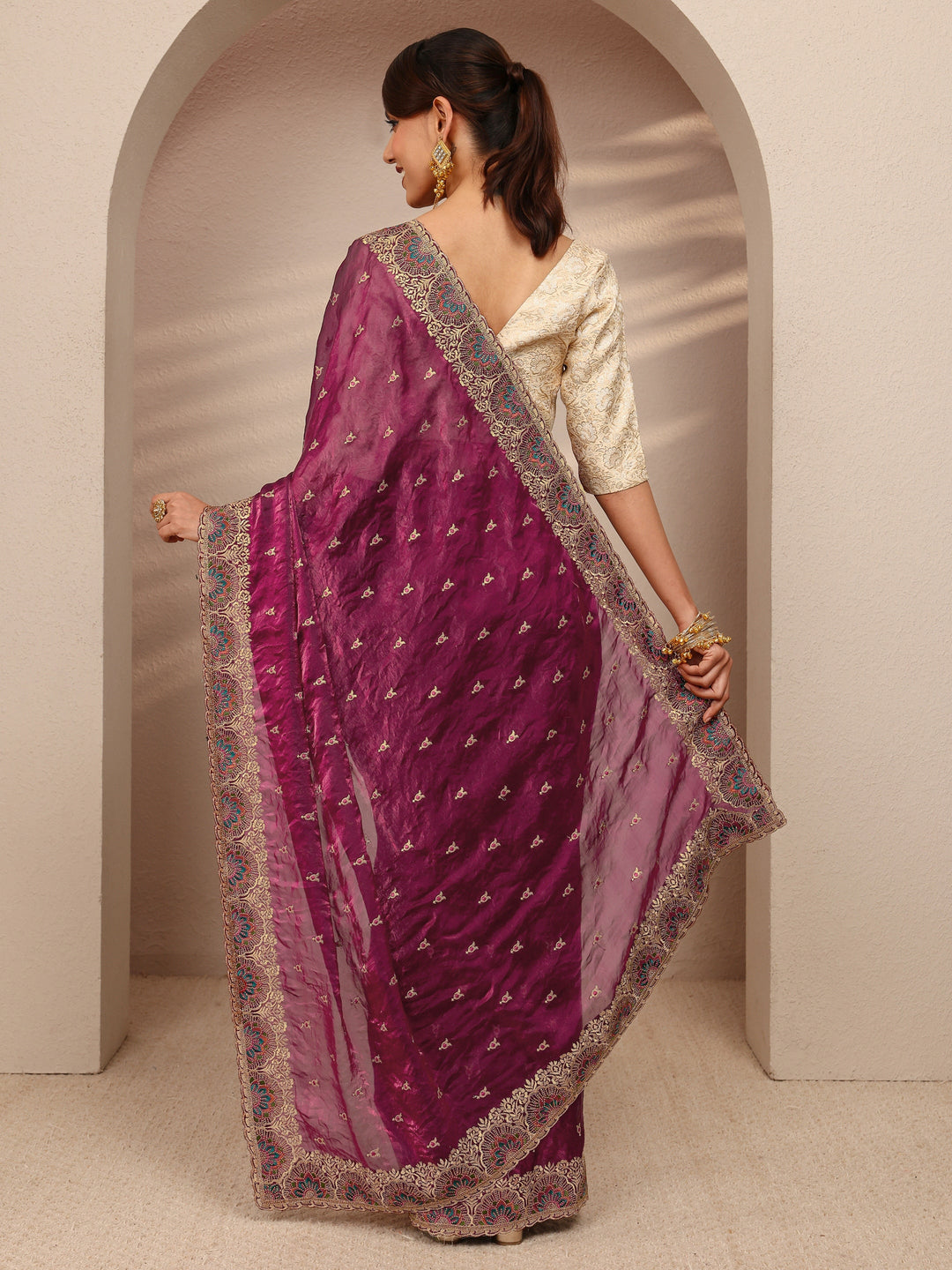 Burgundy Embroidered Silk Blend Saree 
With Unstitched Blouse Piece