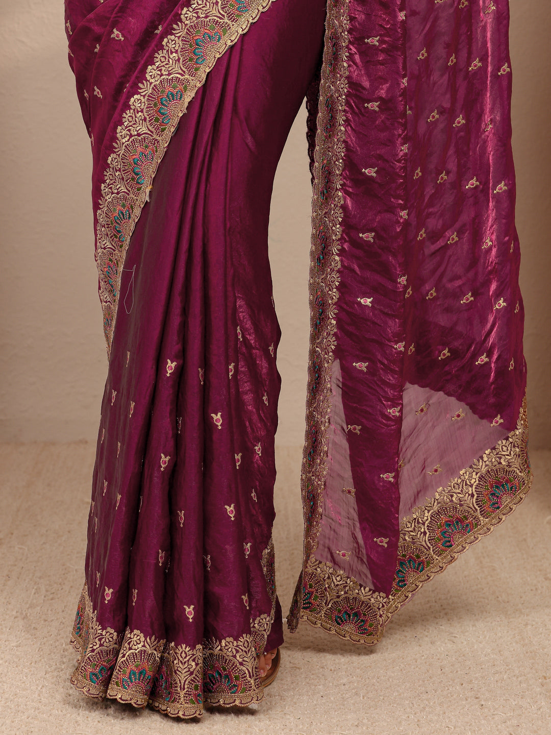Burgundy Embroidered Silk Blend Saree 
With Unstitched Blouse Piece