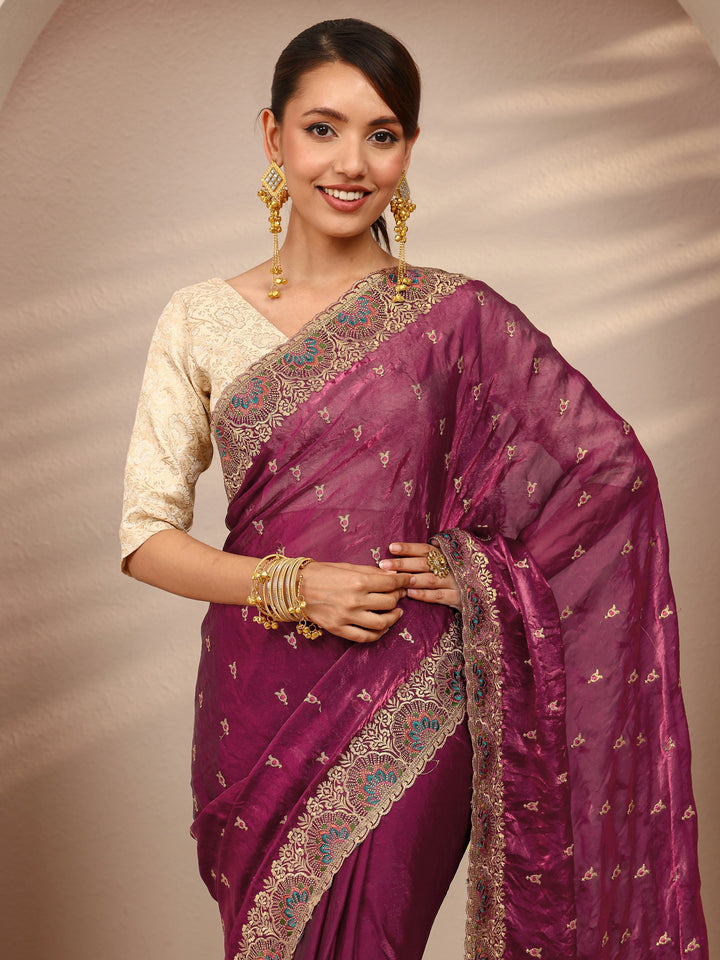 Burgundy Embroidered Silk Blend Saree 
With Unstitched Blouse Piece