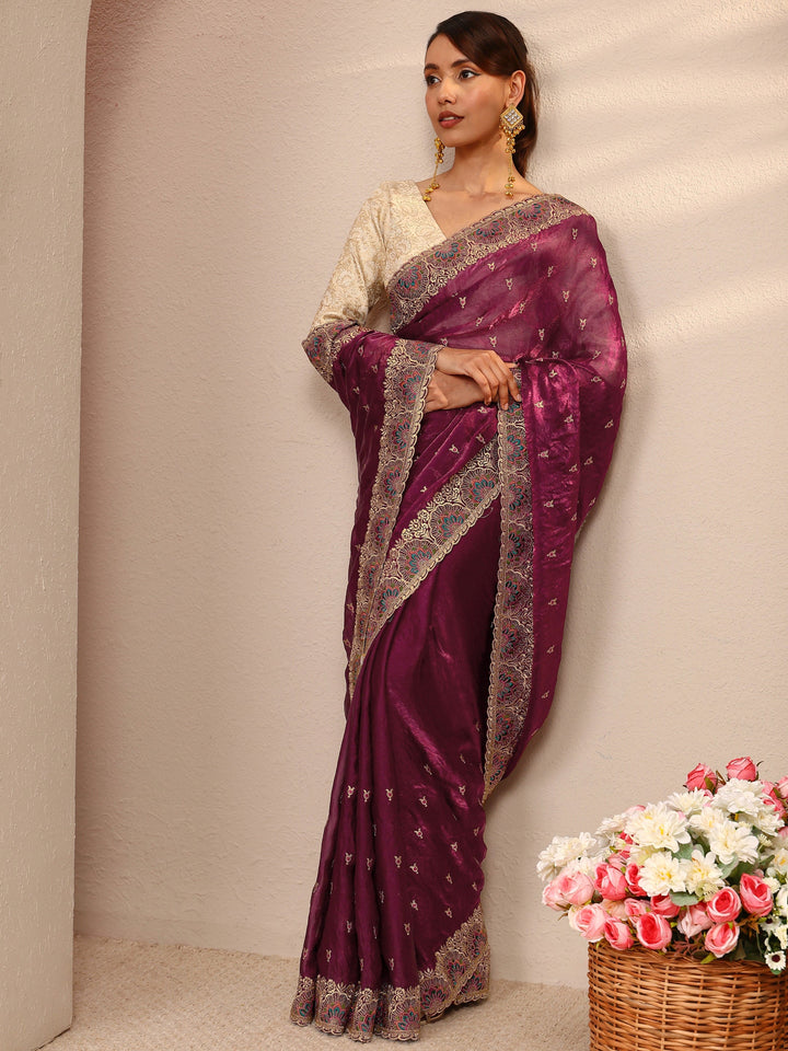 Burgundy Embroidered Silk Blend Saree 
With Unstitched Blouse Piece