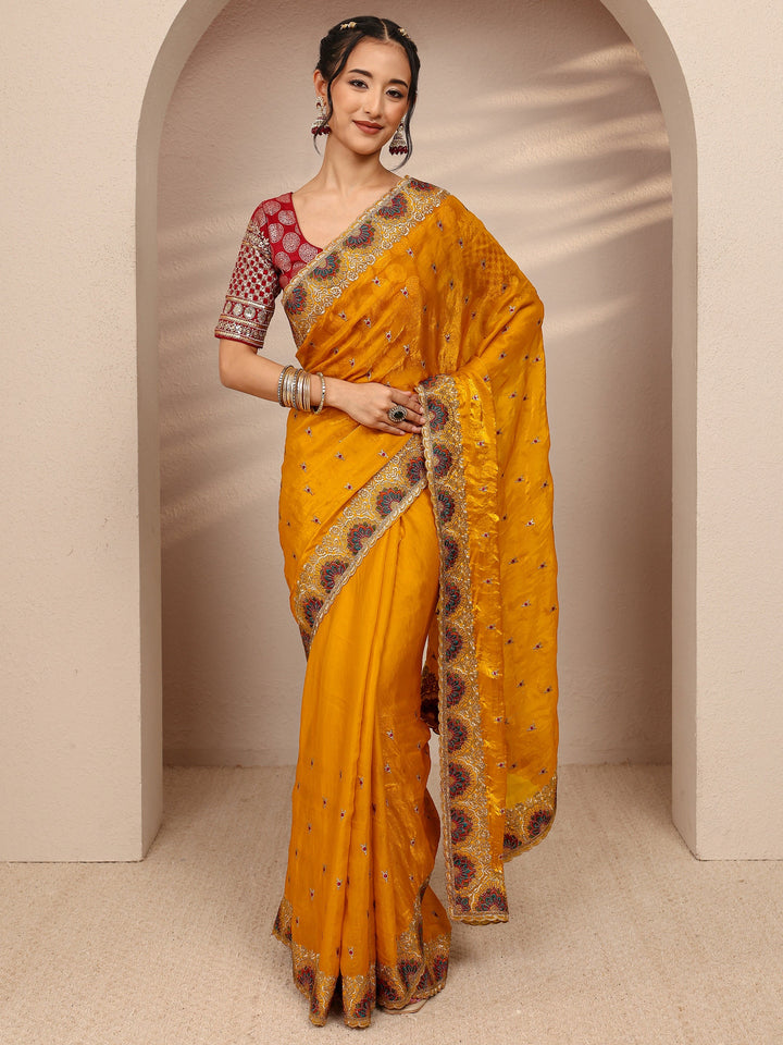 Mustard Ethnic Motif  Embroidered Silk Blend Saree With Unstitched Blouse Piece